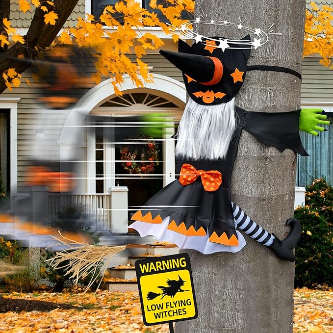 Crashing Witch Decor, Halloween Decorations Clearance Outdoor Witch Props Ornaments, Hanging into Tree/Porch Pole/Door/Indoor/Yard, with Adjustable Band, Outside Garden Funny Witches Flying Crashed
