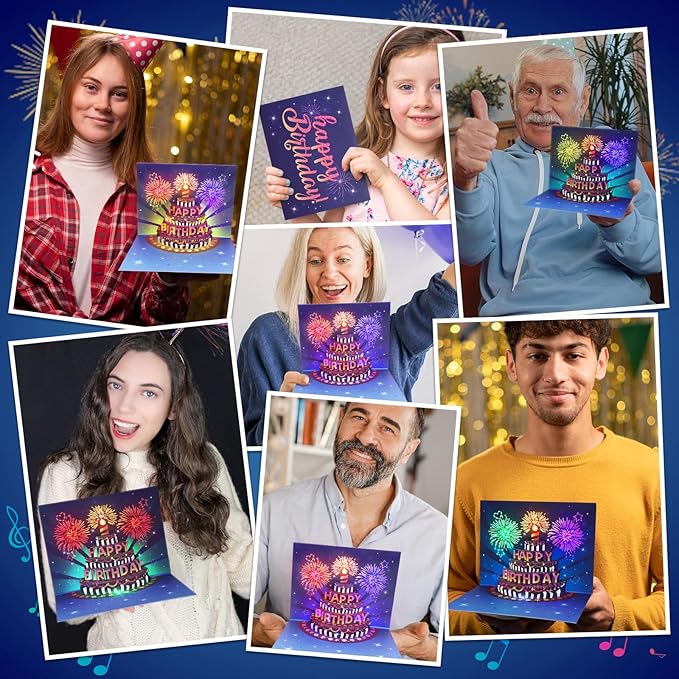 INPHER UPGRADED Birthday Cards Fireworks Pop Up Cake Light and Music Happy Birthday Gifts Decorations for Women, Men, Mom, Grandma