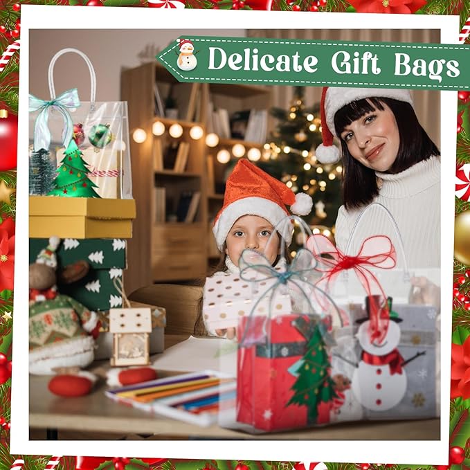 Henoyso 24 Pcs Christmas Clear Gift Bags Plastic Candy Treat Goodie Bags Red Foil Santa PVC Wrap Totes with Handles and Ribbon Xmas Party Favors (Red and Green,7.8 x 7.8 x 3.1 Inch)