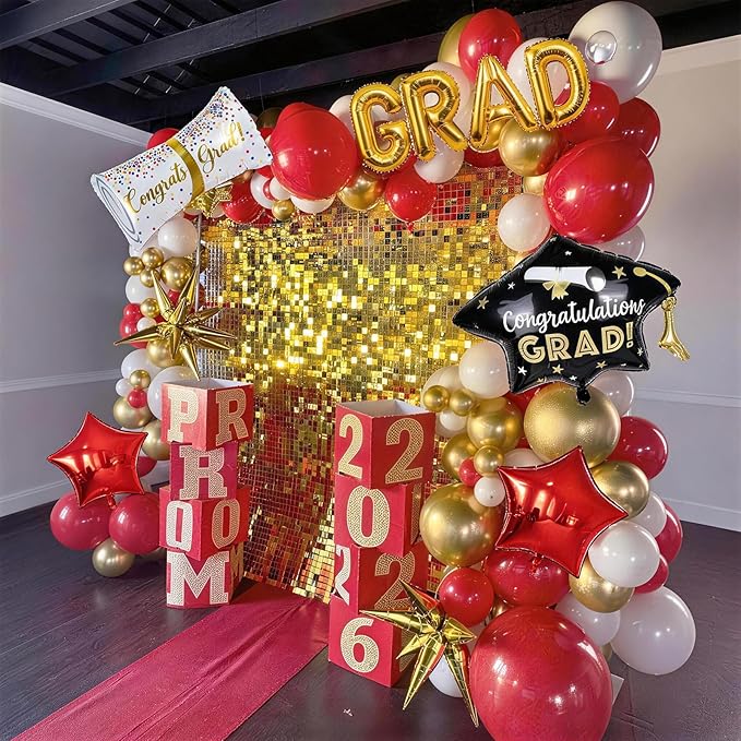 Red Graduation Balloons Garland Arch Kit, 115 PCS Red Gold White Graduation Star Print Cap Certificate Grad Foil Balloons with Gold Explosion Star Balloon for Graduate Class of 2026 Prom Party Decor