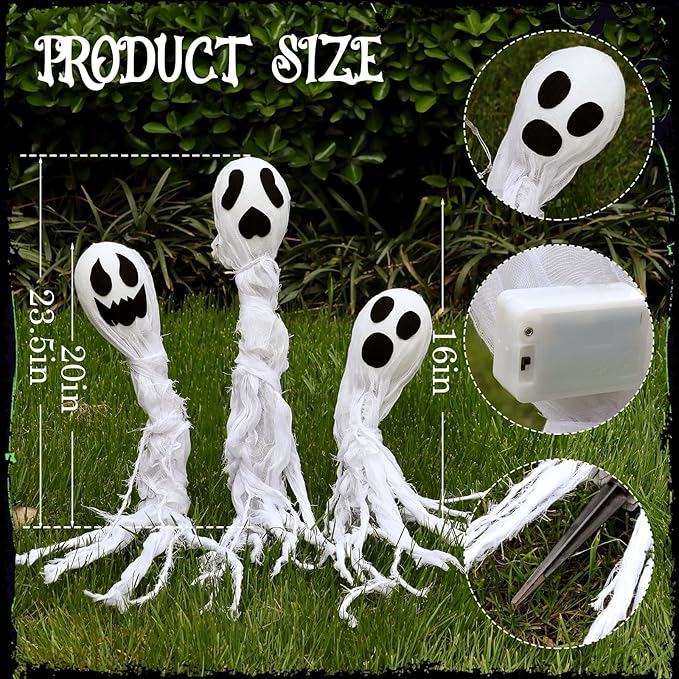 Halloween Decorations Outdoor: 3 Pack Lighted Up Ghost Yard Stakes, Spooky Ghosts Pathway Markers Lights Yard Decor, Battery Operated Trick or Treat Halloween Decor for Home Patio Lawn
