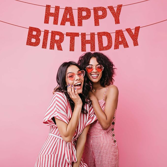 Pre-strung Happy Birthday Banner - No DIY - Red Glitter Happy Birthday Party Banner for Men Woman Boys Girls - Pre-strung on 8 ft Strands - Red Bday Party Decorations & Decor. Did We Mention No DIY