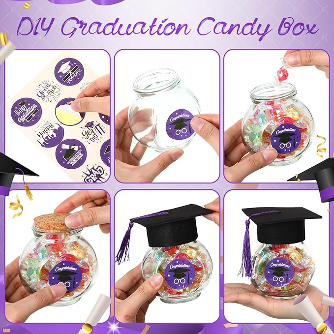 20 Sets Glass Graduation Cap Candy Jars Class of 2026 Graduation Party Decorations Candy Boxes Containers with Sticker for 2026 Grad Ceremony Party Supplies DIY(Purple)