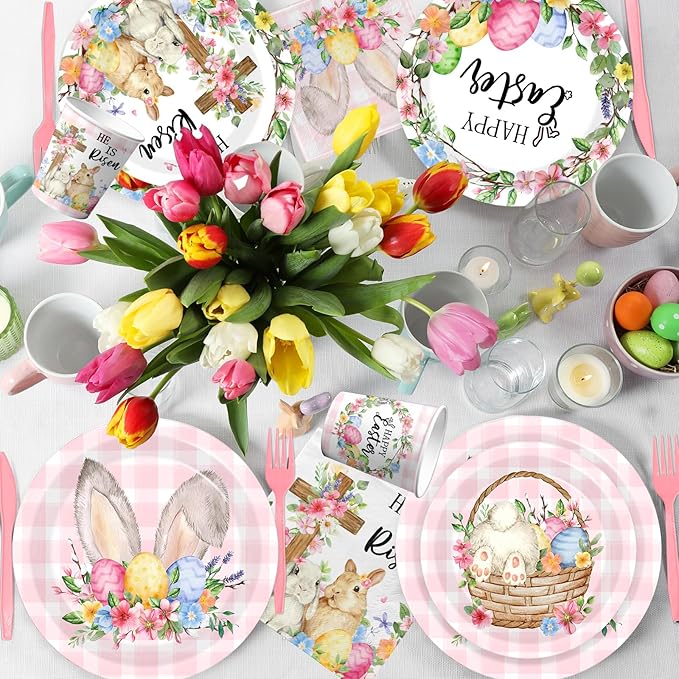 He Is Risen Easter Decoration He is Risen Bunny Eggs Cross Tableware Pink Cute Rabbit Floral Farmhouse Disposable Paper Plates Napkins Cups Forks and Knives for Spring Home Party Decor,Serve 24