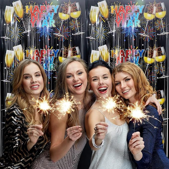 GOER Foil Curtain Backdrop for New Year Eve Party Decorations| Metallic Tinsel New Year Theme Photo Booth Props (5 Pcs)