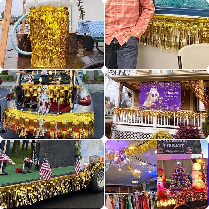 3 Pack Total 30 Feet Foil Fringe Garland Metallic Wall Hanging Drapes Tassel Skirting Tinsel Streamers Decorations for Parade Float Trailer Mardi Gras Party Birthday Wedding (Gold)