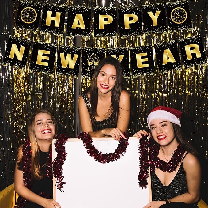 Happy New Year Decorations 2026 - Black Gold New Year Party Banner - Reusable New Years Eve Party Supplies 2026 (Style A)