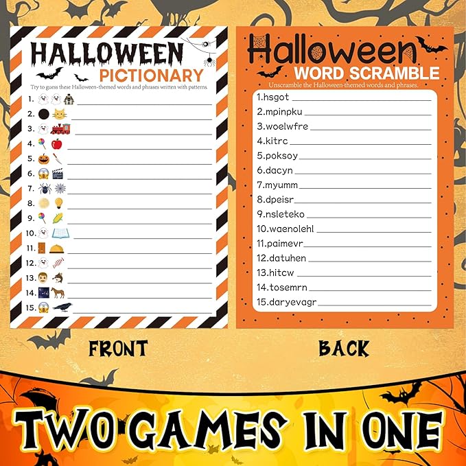 COCHIE 30 Players Halloween Party Games for Adults Family Office Large Groups, Words Pictionary Game, Guesstures Game, Word Scramble Games with Answer Key (Halloween Orange)