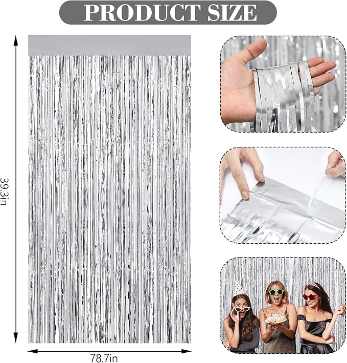 2 Pack Silver Foil Fringe Curtains, 3.3ft x 6.6ft Streamer Foil Curtain, Tinsel Backdrop for Birthday Party, Christmas Decor, Wedding Engagement Baby Shower Bachelorette Party Decorations