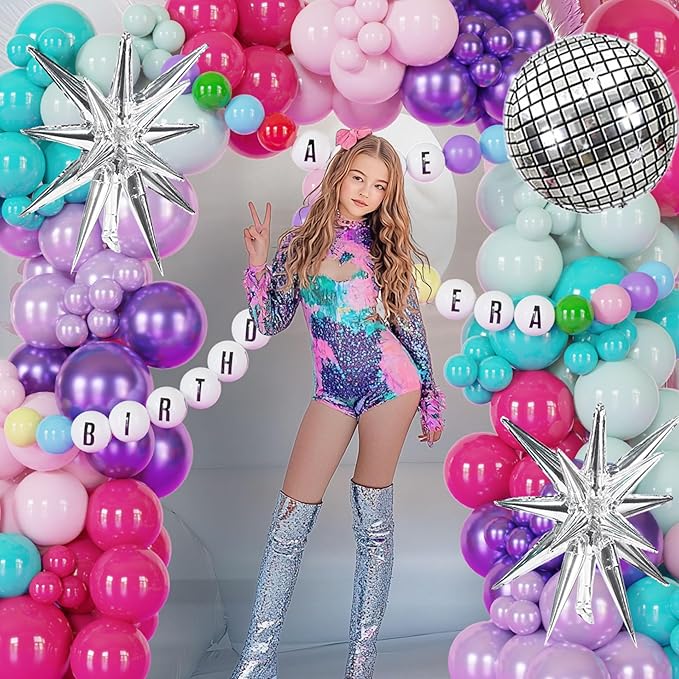 178pcs Pink Purple Blue Balloon Garland Disco Ball Custom Bracelet Banner Kits For Teenage Party Decorations Music Fans Princess Themed Photo Backdrop Birthday,Bachelorette Party