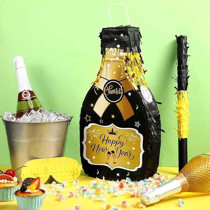 Capoda Happy New Year Champagne Piñata Set 16 x 8.3 x 3 Inches Champagne Bottle Black and Gold Piñata with Tassel Stick Blindfold Confetti for 2026 New Years Eve Party Games Supplies Decorations