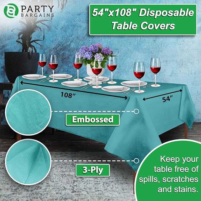 PARTY BARGAINS Disposable Table Covers, 54 x 108 Inch, Turquoise, 3-Ply Paper & Plastic Spill-Resistant Party Tablecloths, 40 Pack