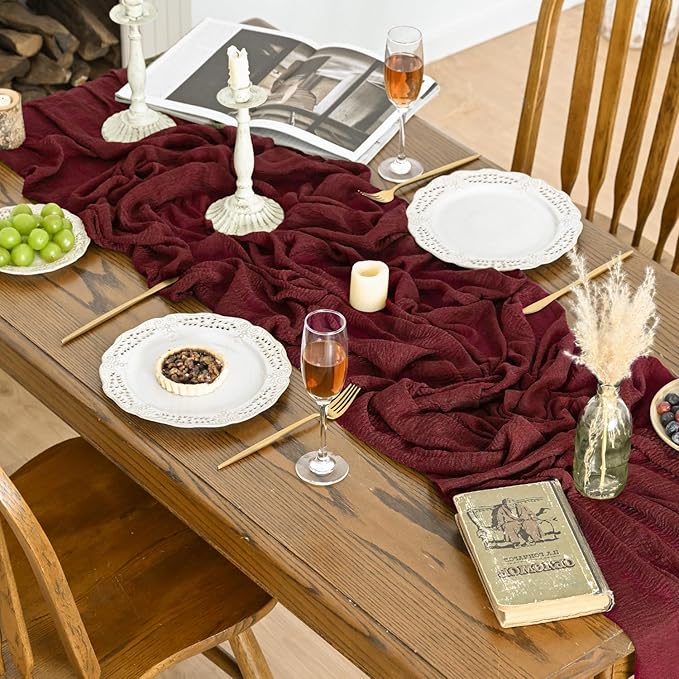 Artoid Mode Boho Cheesecloth Gauze Burgundy Wedding Table Runner, 120 Inch Seasonal Fabric Kitchen Dining Holiday Table Decor for Home Party Indoor