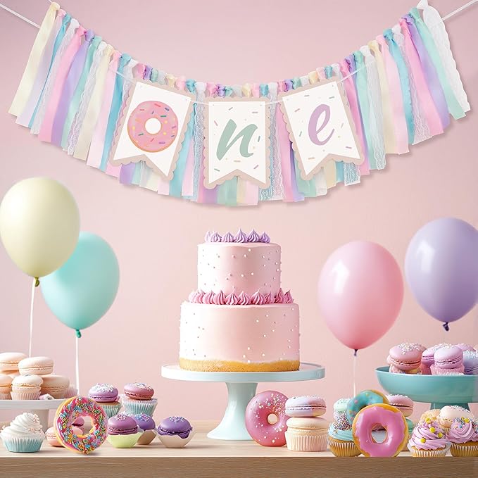 Donut Highchair Banner 1st Birthday Girl Sweet One Birthday Party Decorations Rainbow High Chair Banner Photo Background