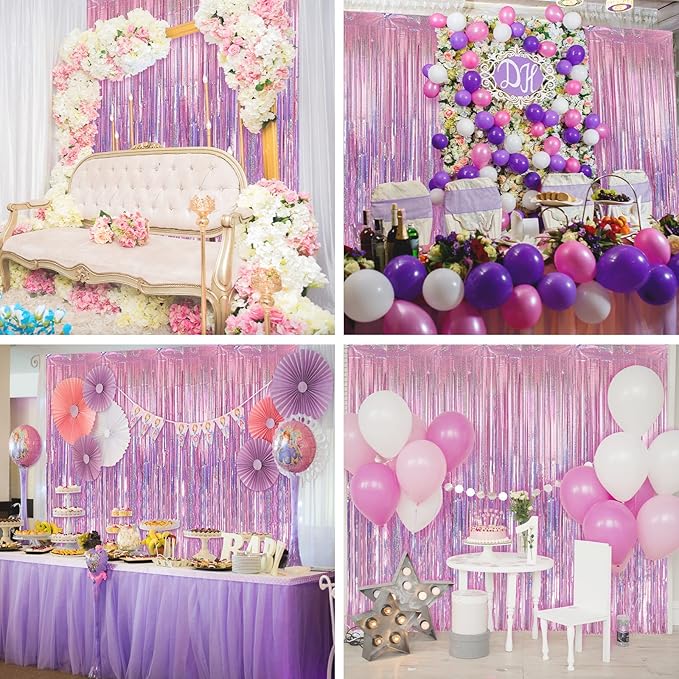 Crosize 4 Pack 3.3 x 9.9 ft Laser Pink Foil Fringe Curtains Party Decorations,Tinsel Curtain Backdrop for Parties, Door Streamers, Glitter Streamer Backdrop for Birthday Decoration