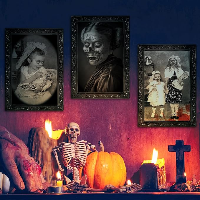 Scary Halloween Decorations Indoor Wall Decor, 6Pack 3D Changing Face Moving Picture Frames Portrait, Gothic Horror Poster Castle Haunted House Mansion Decor Decoration Party Supplies