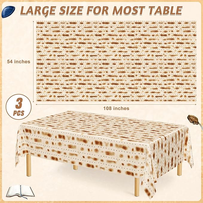3 Pack Passover Decorations, 108" X 54" Passover Matzah Tablecloth, Disposable Plastic Seder Party Supplies, Rectangle Pesach Matzo Table Covers for Festival Holiday Party Home Dining Table Decor
