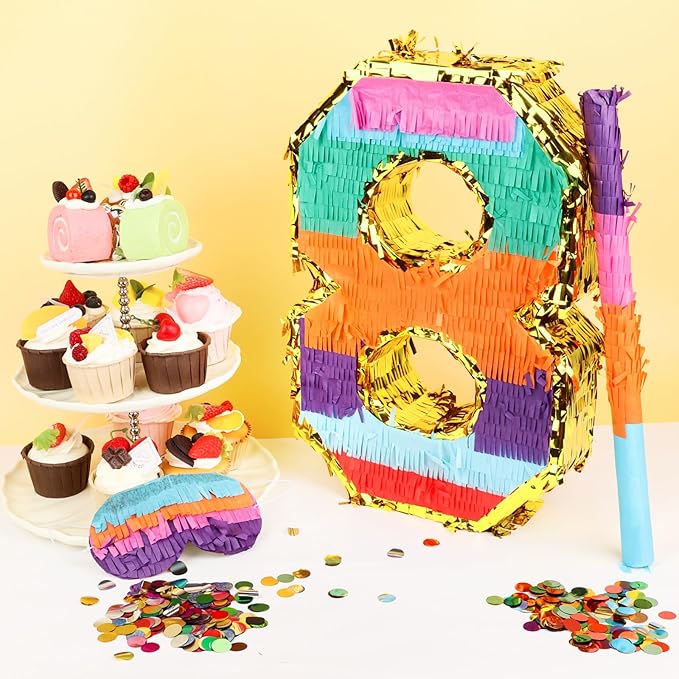 Rainbow Number 8 Pinata Rainbow Pinata with Bat Stick Blindfold for Kids 8th Birthday Party Supplies Fiesta Centerpieces Anniversary Celebrations (16.1 x 10.6 x 3.2 Inches)