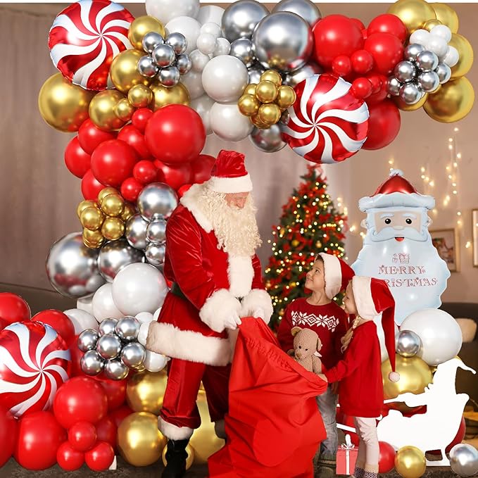 Christmas Balloon Arch Garland Kit, 135Pcs Red White Gold Silver Xmas Balloon with Candy Santa Claus Foil Balloons for Merry Christmas Holiday Birthday Baby Shower Winter New Year Party Decorations
