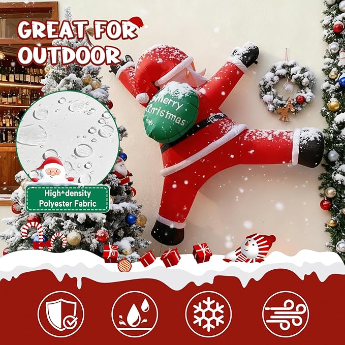 JOYHALO 6FT Christmas Inflatables Hanging Santa Claus Decorations Outside, Santa Hanging from Roof with Gift Bag, Build-in LED Lights, Blow Up Yard Decorations for Indoor, Lawn, Party Decor