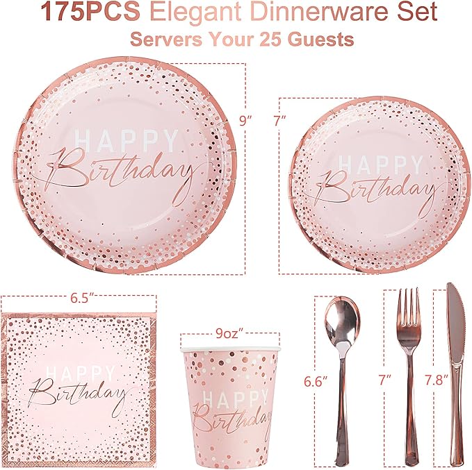 175PCS Happy Birthday Plates and Napkins Party Supplies, Paper Pink and Rose Gold Plastic Forks Knives Spoons Serve 25 Guests for Girl Women