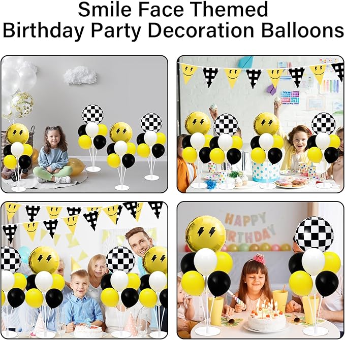 4 Sets Smile Party Balloons Stand Kit with Black White Checkered Foil Balloons Yellow Smile Face Themed Birthday Balloon Centerpiece for Tables for Girls Boys Birthday Baby Shower Party Decoration