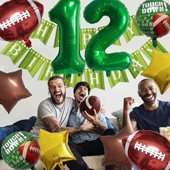 Football Balloons Foil Football Birthday Decorations Balloons Green Number 12 Balloon Gold Brown Star Touchdown Ballons for Rugby Birthday Decorations Sports Ballons Arch Kits Party Balloon Sets 10pcs