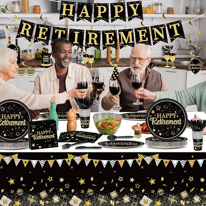 184pcs Happy Retirement Party Supplies, Black Gold Happy Retirement Plates Napkins Cups Tablecloth Swirls Banner Tableware Kit, Disposable Farewell Party Decorations Favors, Serve 25 Guests
