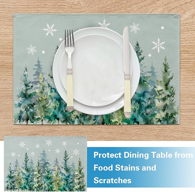 Winter Pine Tree Placemats Set of 4, Watercolor Forest Snowflake Dining Place Mats Table Decor, Christmas Woodland Seasonal Home Kitchen Decoration 12 x 18 Inches