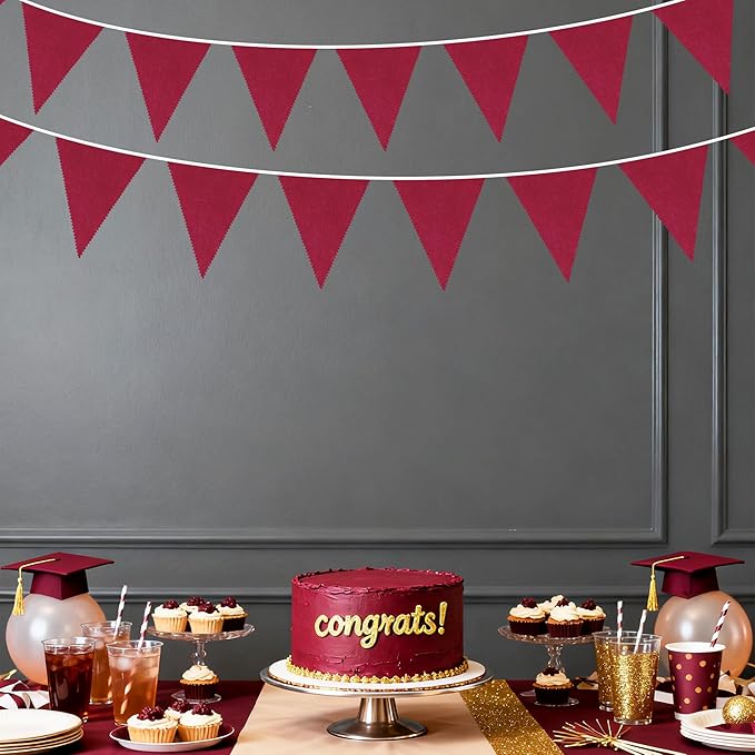 46Ft Burgundy Party Decorations Burgundy Burlap Banner Triangle Pennant Flag Linen Bunting Garland Streamers for Vintage Birthday Wedding Baby Shower Engagement Graduation Party Decorations