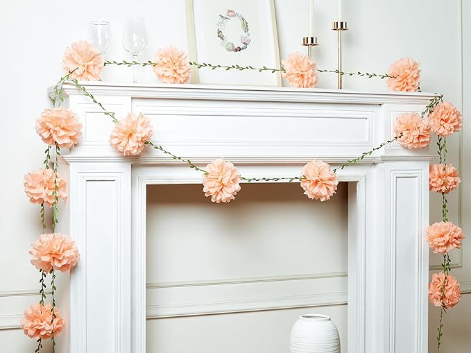 XIANNVXI Pink Tissue Paper Pom Pom Garlands Artificial Flowers Hanging Decorations 8.2ft Hanging Flowers Garland for Wedding Birthday Bridal Shower Party Spring Decorations 2PCS（Lotus Root Pink）