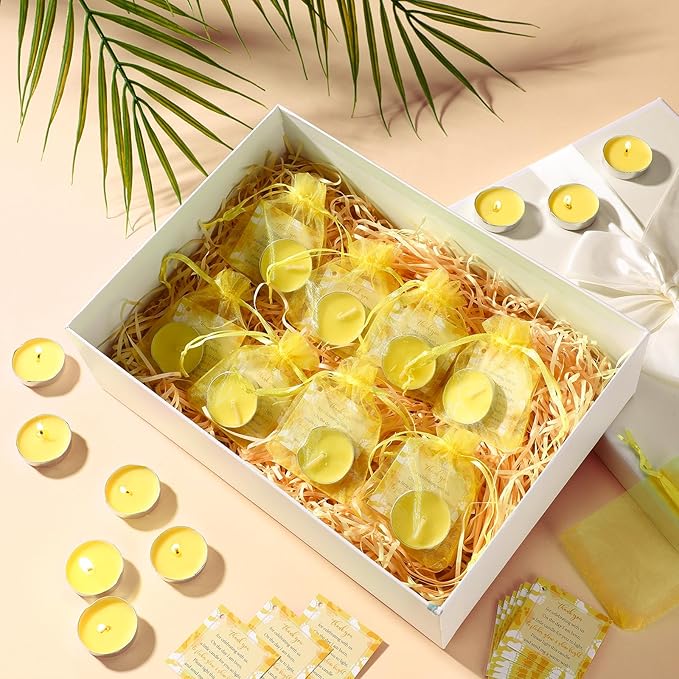 50 Sets Baby Shower Party Favors Including 50 Pcs Unscented Tealight Baby Shower Candles Gift Bags Cards for Gender Reveal Party Supplies(Yellow)