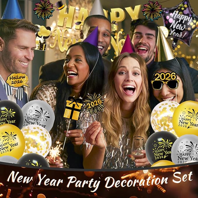 Happy New Year Party Decorations Supplies 2026- Hats, Banner, Glasses, Foil Balloon and Fringe Curtains, New Years Eve Black and Gold Party Decorations