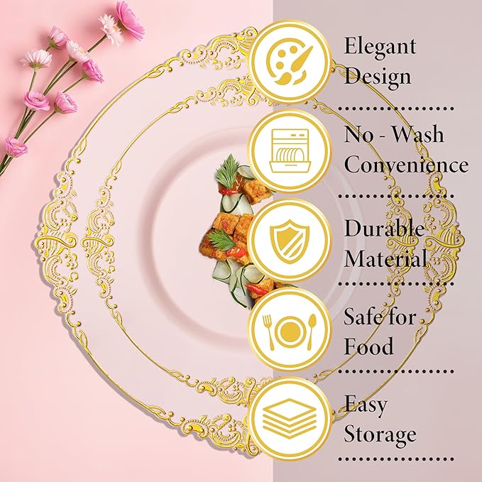 Nervure 350PCS Pink Plastic Plates - Pink Plastic Dinnerware Sets for 50 Guests - 100 Disposable Plates, 150 Gold Silverware, 50 Cups, 50 Napkins Perfect for Wedding & Party & Easter