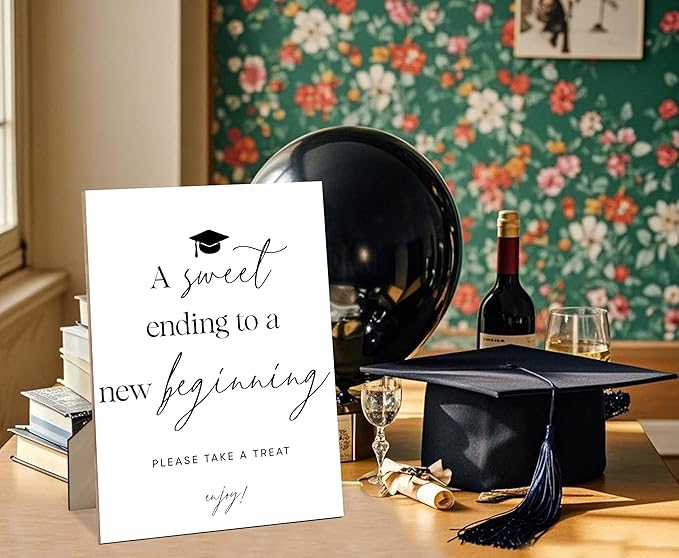 A Sweet Ending To A New Beginning Sign for Graduation, 8×11" Graduation Cap Wood Dessert Table Sign With Stand, 2025 Graduation Party Decorations Centerpieces for Tables, Congrats Grad Party Supplies