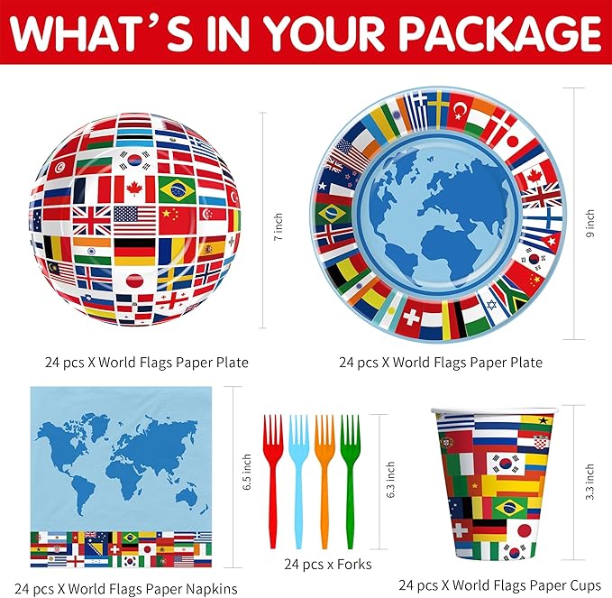 APOWBLS International World Flags Decorations Tableware - Olympic Decorations Party Supplies, Paper Plate, Cup, Napkin, Fork, Travel Trip Around the World Globe Retirement Supplies | Serve 24