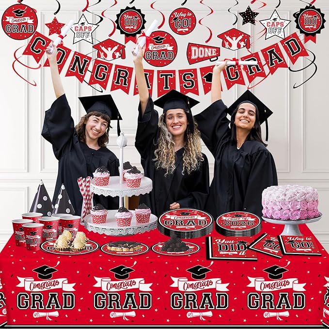DAZONGE Graduation Decorations 2026 Red and Black, 265pcs Disposable Tableware Kit for 50 Guests, Plates, Napkins, Cups, Tablecloth and Hanging 2026 Graduation Party Decorations