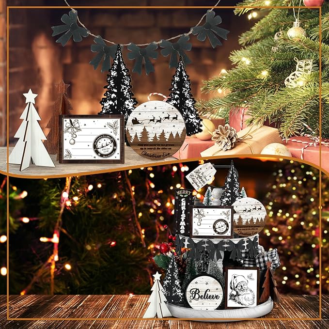 Christmas Tiered Tray Decor Wooden Sign Farmhouse Tier Tray Decorations for Home Xmas Winter Party Bathroom Kitchen Bedroom (Stylish Style, 15 Pcs)
