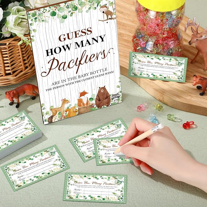Syhood Woodland Animal Baby Shower Games Guess How Many Pacifiers Game Sign 50 Small Guessing Games 20 HB Pencils 750 ml Milk Bottle 400 Pacifiers Decorations Guests Gender Reveal Party Favors