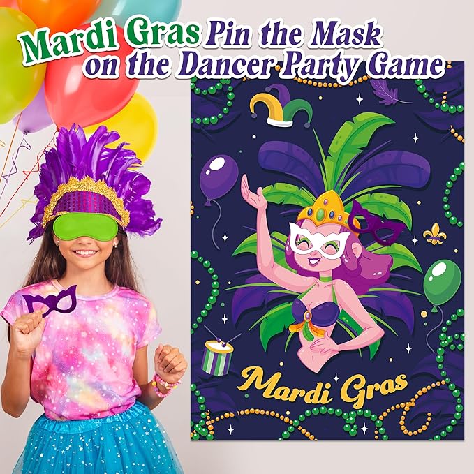 Mardi Gras Pin the Mask On the Dancer Party Game Large Poster with 24 Pcs Stickers Blindfolds Fun Masquerade Activity for Fat Tuesday New Orleans Carnival Birthday Party Decorations Wall Decor