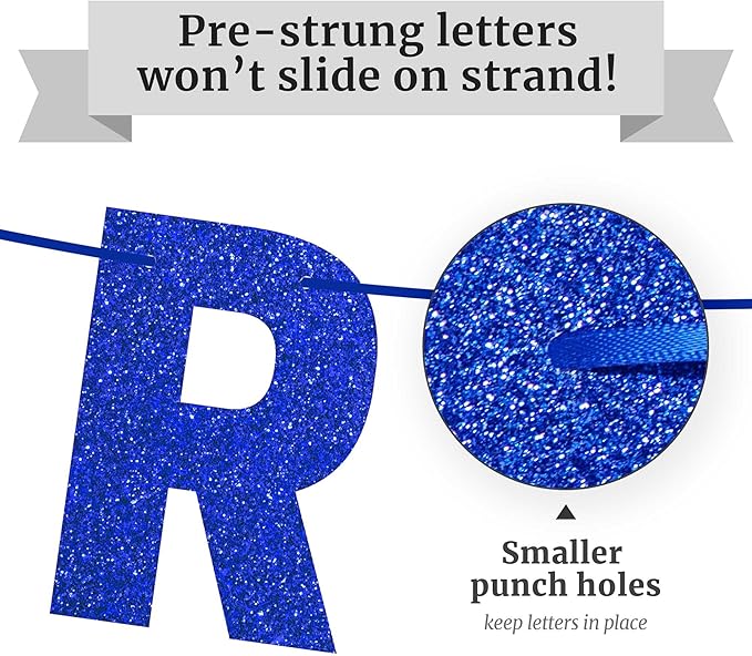 Pre-strung Happy Birthday Banner - No DIY - Blue Glitter Happy Birthday Party Banner for Men Woman Boys Girls - Pre-strung on 8 ft Strands - Blue Bday Party Decorations & Decor. Did We Mention No DIY