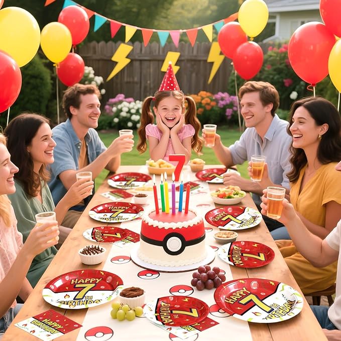 Grencian 96Pcs Happy 7th Birthday Party Supplies Cartoon Anime Themed Paper Plates and Napkins Tableware Sets Red and White Decoration for 7 Year Old Birthday Kids Children Party Serves 24
