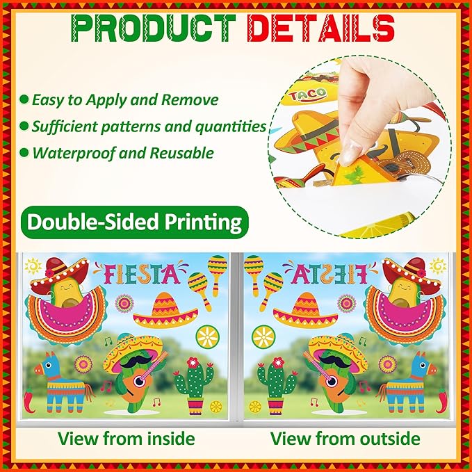72 PCS Cinco De Mayo Decorations, 9 Sheets Cinco De Mayo Window Clings, Double-Sided Mexican Stickers with Tacos Guitars Cactus Peppers Designs, Fiesta Party Decor for Window Glass Home Store