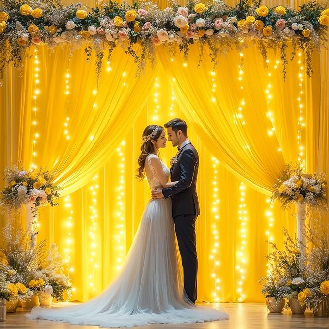 Yellow Backdrop Curtains with Lights for Parties,10x10FT Wrinkle Free Wedding Photo Backdrop Light Tulle Curtains for Baby Shower Birthday Ceremony Reception Home Party Decorations-5ft x 10ft
