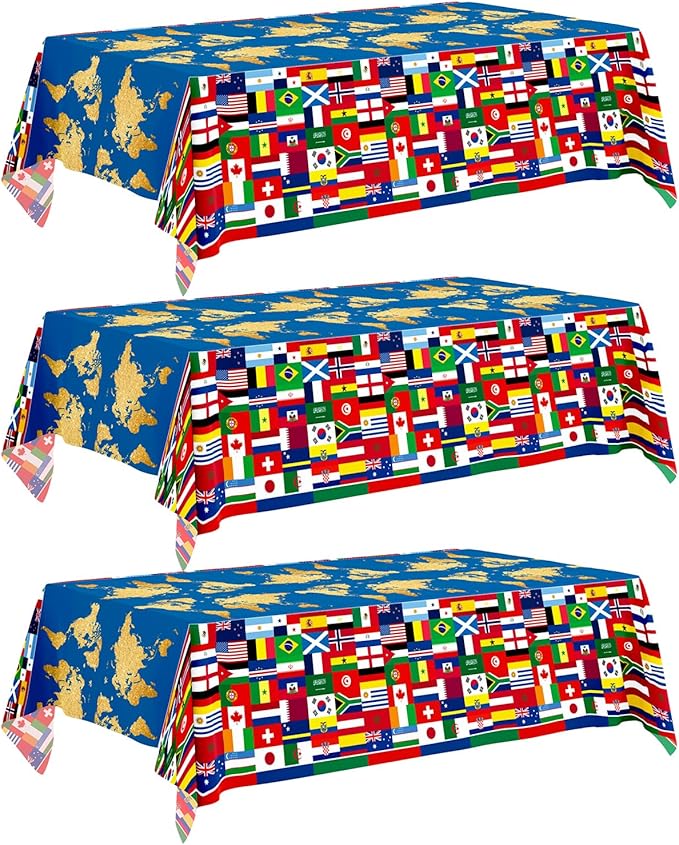 3World Cup Flag Tablecloth International Country Flag Decorations, Disposable Plastic Table Cover for Soccer World Cup Party,Games, Patriotic BBQ, Birthday, Outdoor Picnic Supplies