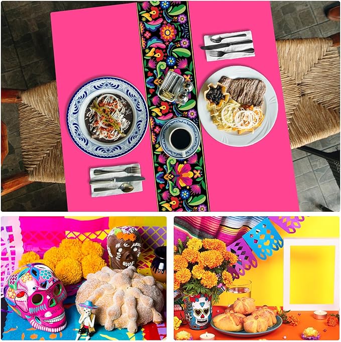 Oudain 3 Pcs Fiesta Tablecloth 108 x 54 Inch Plastic Tablecover Mexican Waterproof Tablecloth Disposable Table Cover for Taco Night Festive Mexican Fiesta Wedding Party Decoration (Bright Color)
