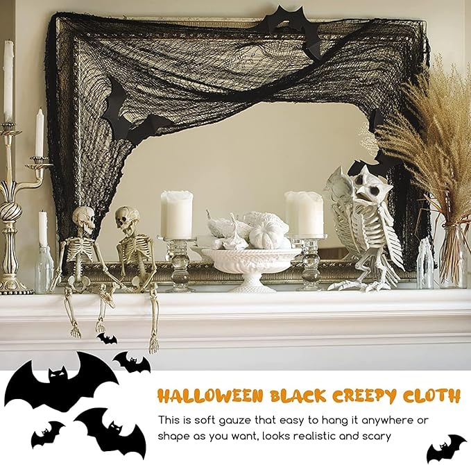 4 Pack Halloween Creepy Cloths, Scary Spooky Cloth Creepy Gauze, 30 x 120inch Freaky Loose Weave Creepy Cloth, Decoration for Haunted Houses Props Halloween Wall Outdoor Indoor Decor (Black)