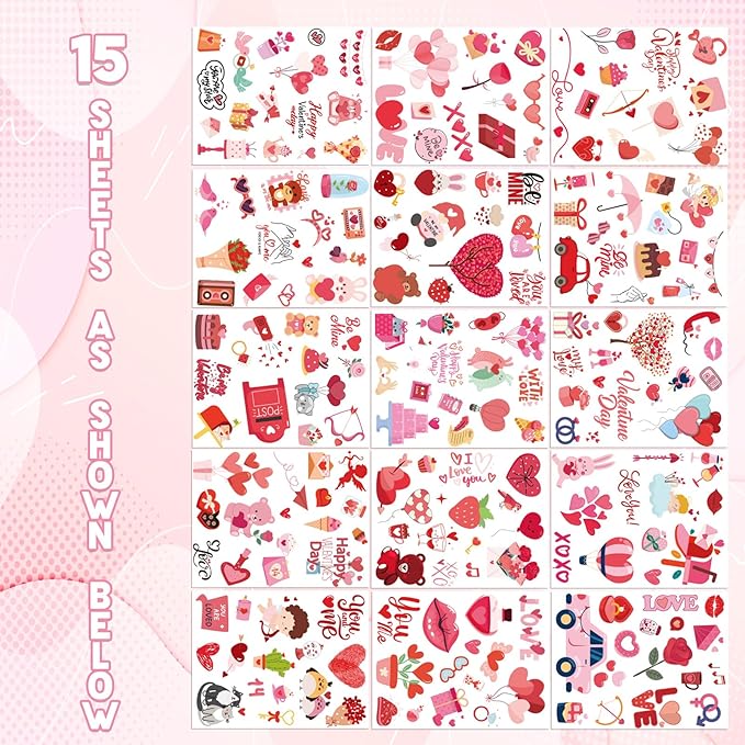 XZENTIRA 214 Pcs Valentines Themed Temporary Tattoos Valentine Decorations Party Favors Teddy Bear Envelope Valentine Party Supplies Accessories Gift Idea for Couple Stickers Décor Kids Teens Adult