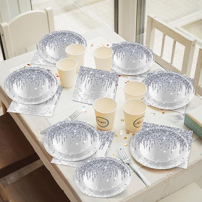 50 Pcs Silver Glitter Disposable Party Plates and Napkins Glitter Diamonds Happy Birthday Party Supplies for 25 Guests Table Decorations for Wedding Silver Birthday Decorations Paper Plates Napkins