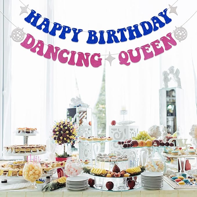 Happy Birthday Dancing Queen Banner Dancing Queen Themed Birthday Party Decorations Disco Bday Decorations Mamma Mia Decor Blue & Hot Pink